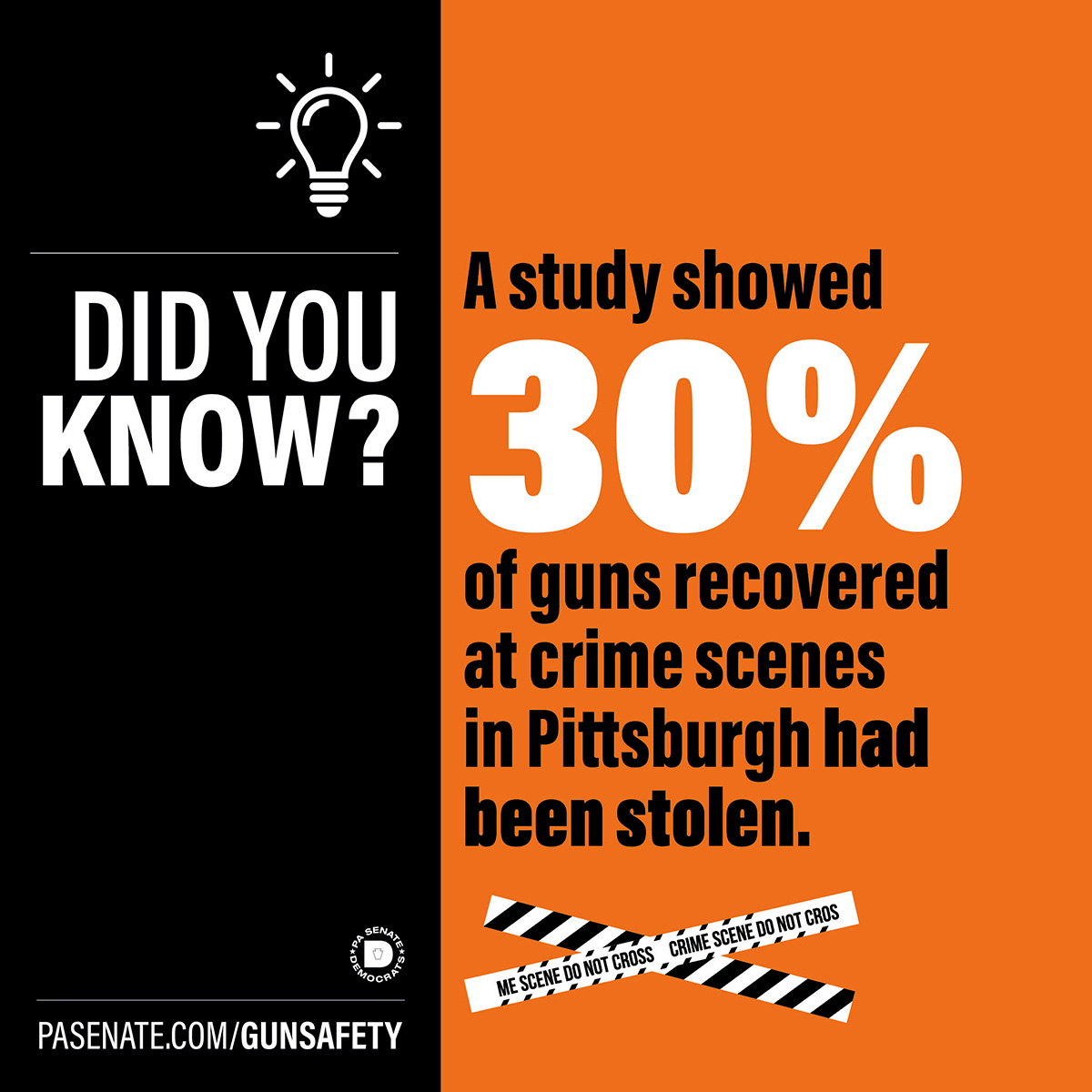 알고 계셨나요? 한 연구에 따르면 피츠버그의 범죄 현장에서 회수된 총기 중 30%가 도난당한 총기라는 사실이 밝혀졌습니다.