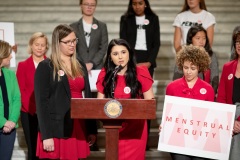 October 22, 2019: Senator Maria Collett joins other legislators and activists in rallying support for menstrual equity legislation in the House and Senate.