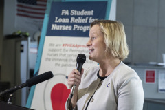 October 25, 2023: Sen. Collett participated in a celebration at PHEAA’s Midtown Harrisburg headquarters marking the first tuition reimbursement from the expanded Student Loan Relief for Nurses (SLRN) program.  Collett, a nurse who was instrumental in expanding funding for the program this year, met Yaw Saahene, a nurse from Lebanon County who received $7,500 in loan forgiveness.