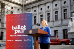April 12, 2022:  Senator Maria Collett speaks at the Rallying for Open Primaries in PA