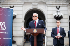 April 12, 2022:  Senator Maria Collett speaks at the Rallying for Open Primaries in PA