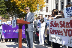 October 24, 2023: Sens. Collett and Haywood were joined by Democratic colleagues and health-care professionals on the steps of the Capitol to call for Senate passage of the Patient Safety Act, which passed the House in June.
