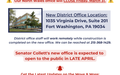 La oficina del senador Collett en el distrito de North Wales cierra el 31 de marzo y se traslada a Fort Washington